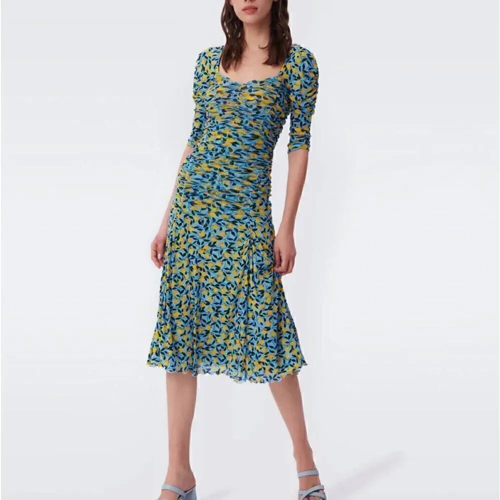 New Diane Von Furstenburg Dacey Ruched Midi Dress Small